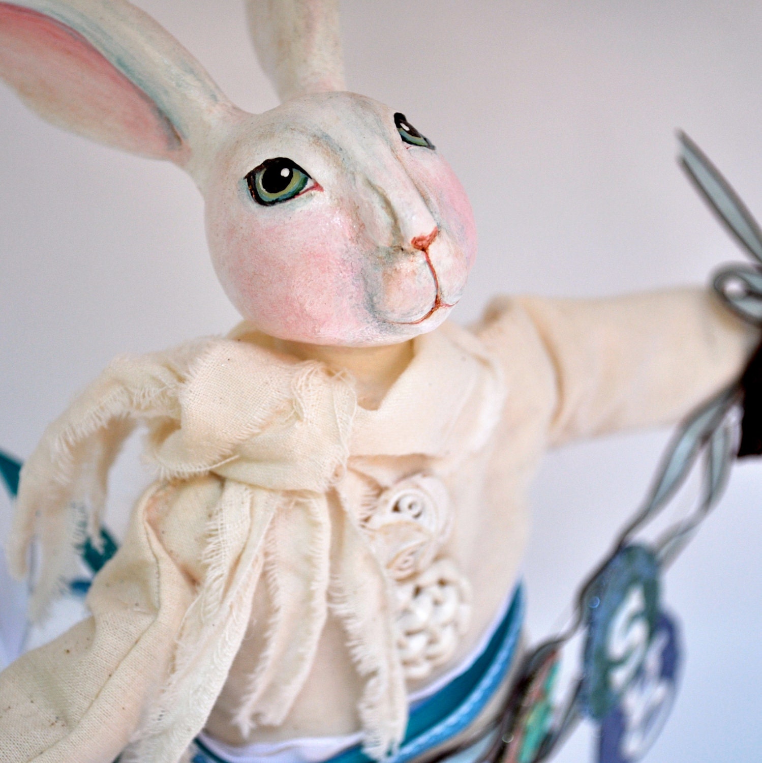 Rabbit art doll holding a banner "Joyous Spring" - one of a kind clay and cloth figure