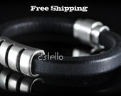 Mens  Bracelets -  Thick Black Leather cord -- Silver color pieces - Magnetic clasp - Genuine - Man gift - Jewelry for Men - DS-483