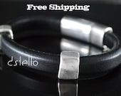 Men Bracelet - Jewelry for him - Thick black leather cord - Silver color magnetic clasp - Genuine leather - European quality - DS-218