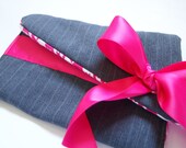 Gray Pinstripe Clutch with Hot Pink Houndstooth Flannel Lining