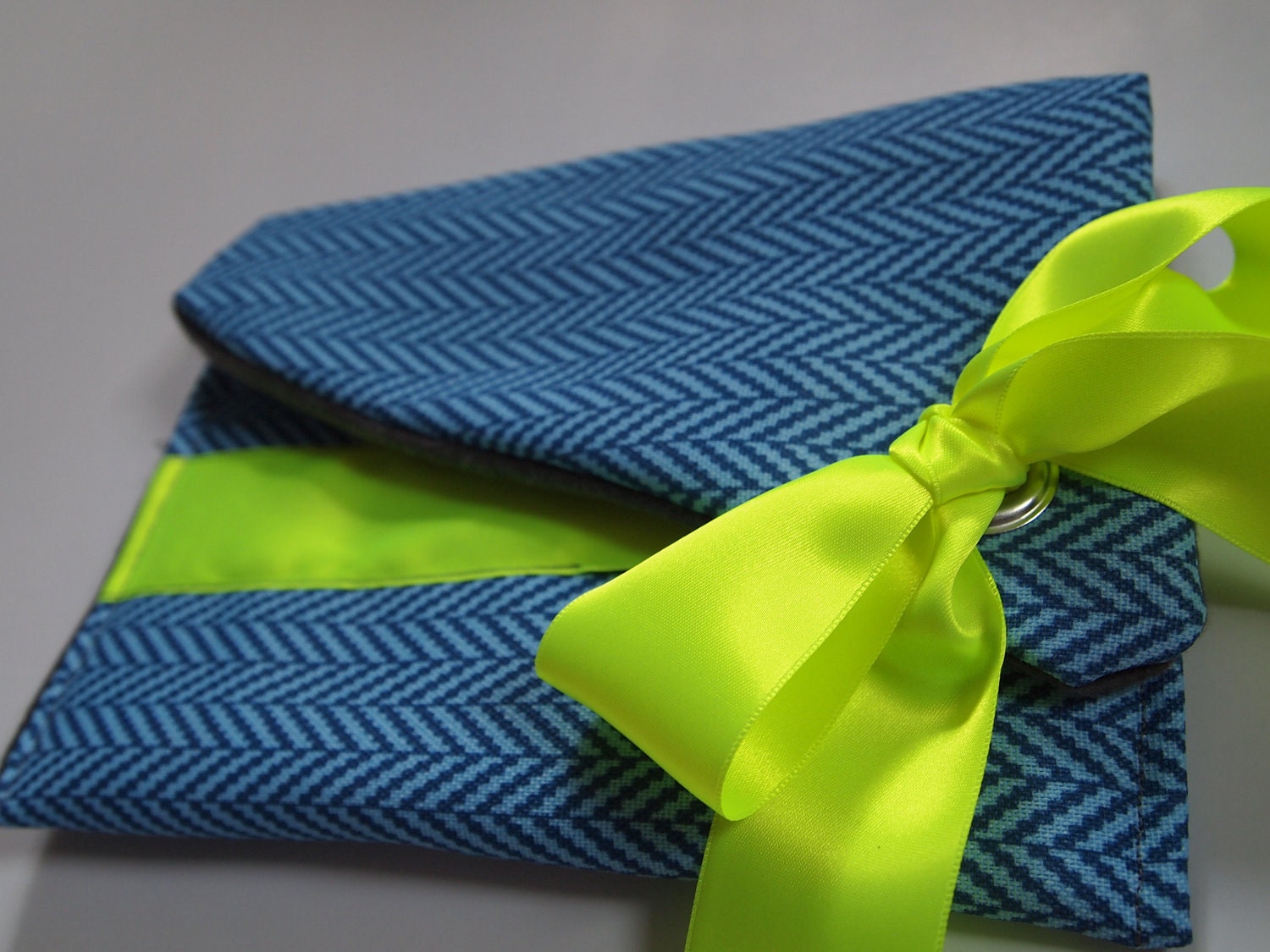 Blue Striped Clutch with Neon Yellow Ribbon Enclosure
