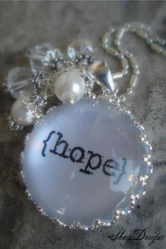 HOPE Glass Pendant Necklace with White and Crystal Beads