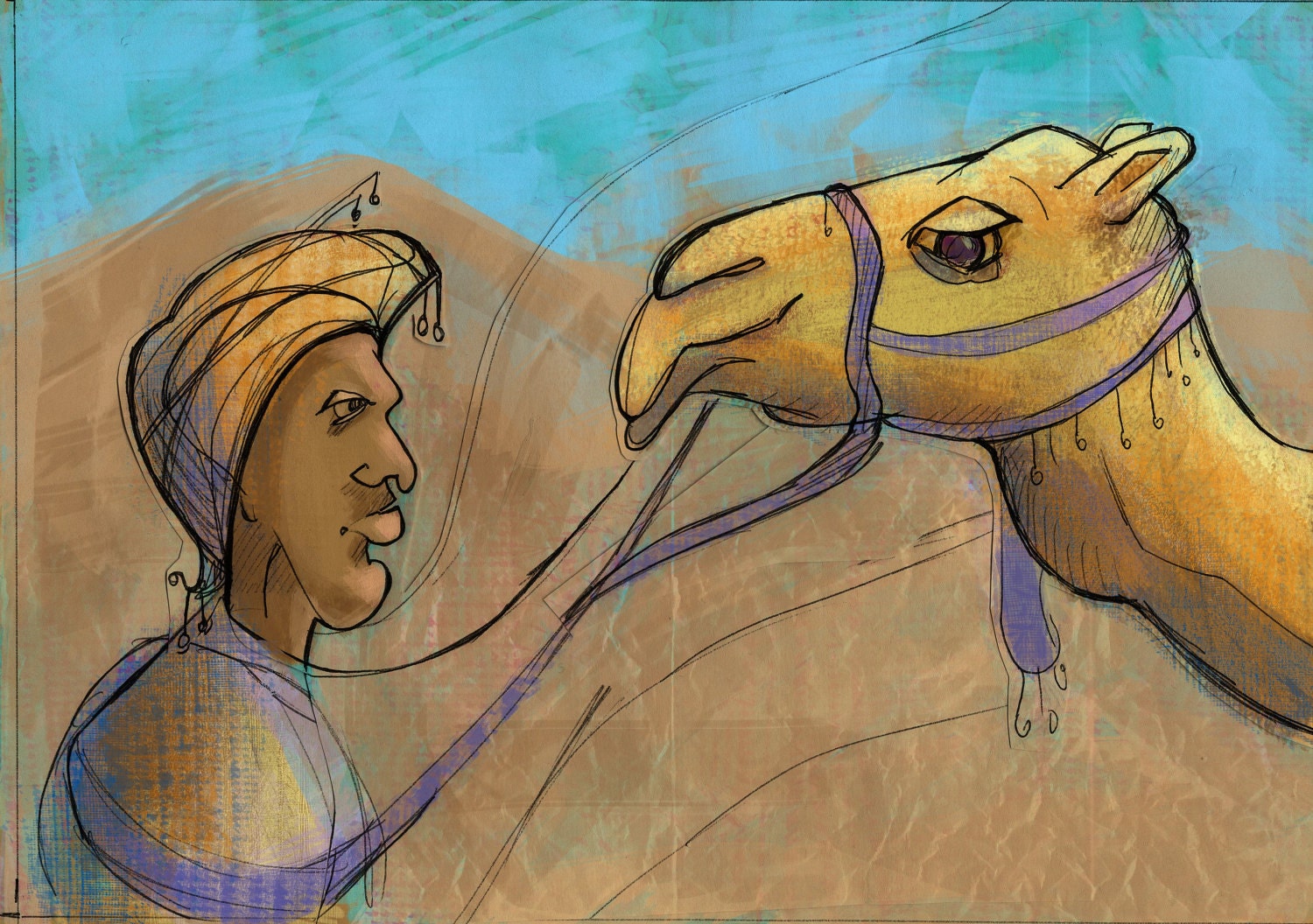 Digital Illustration of Arabian and Camel. ACEO art print 2.5x3.5 inches. Funny illustrations of animals and people.