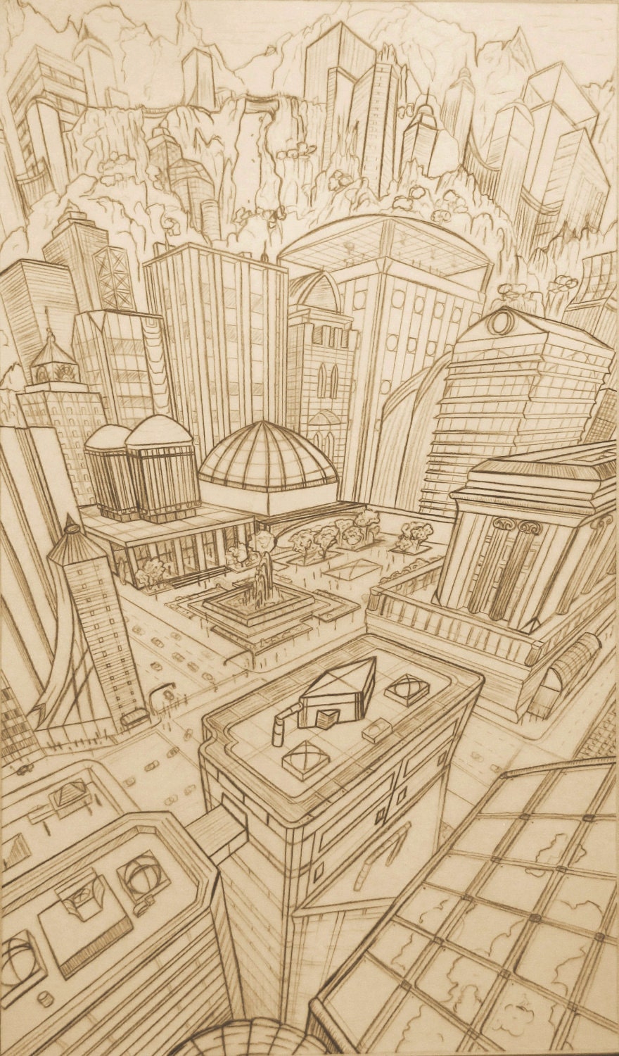 3 Point, Surreal Cityscape- Original prismacolor drawing on Vellum.