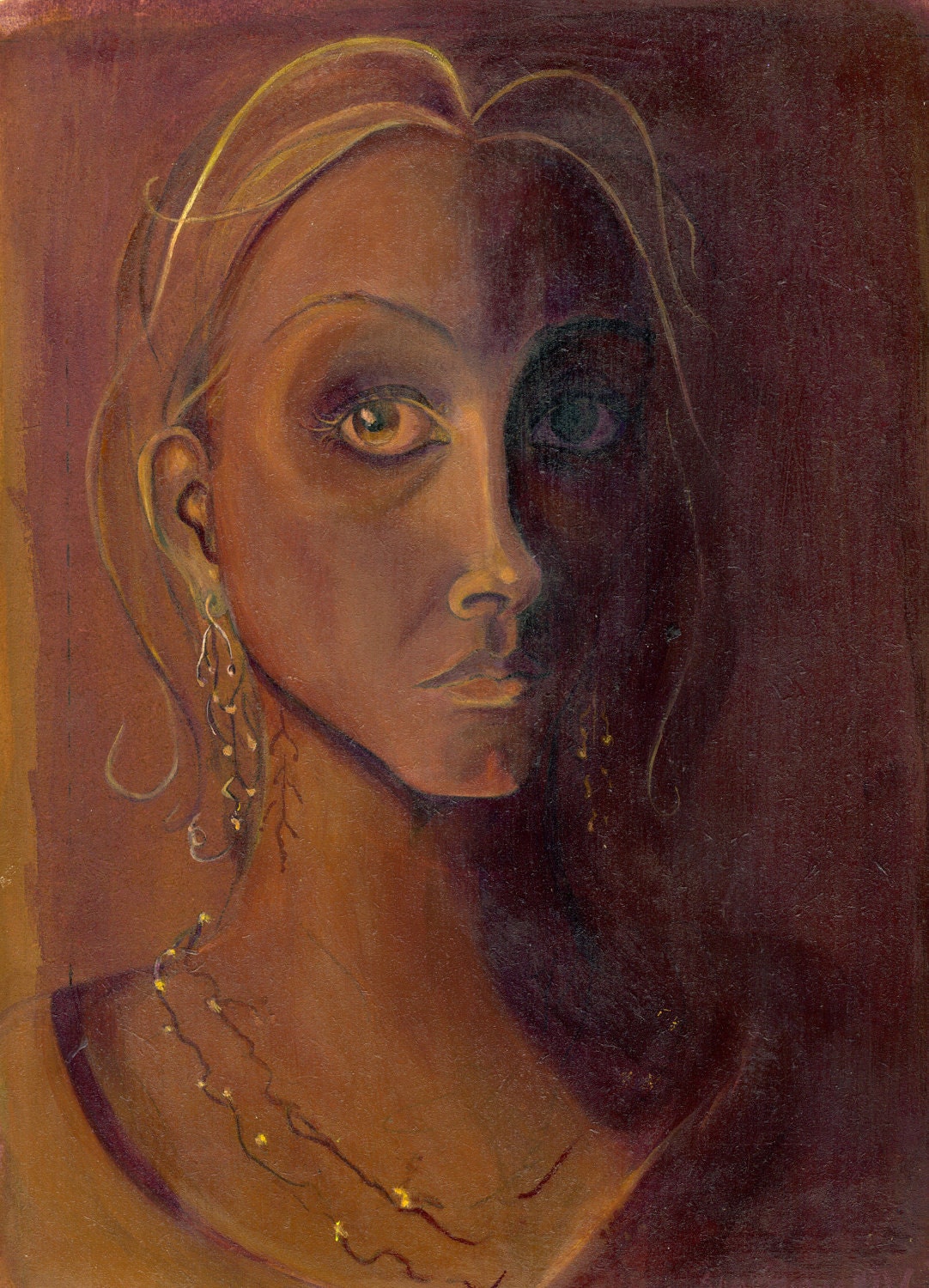 Oil on wood board. Mysterious woman illustration. Gold and purples. 8x10.