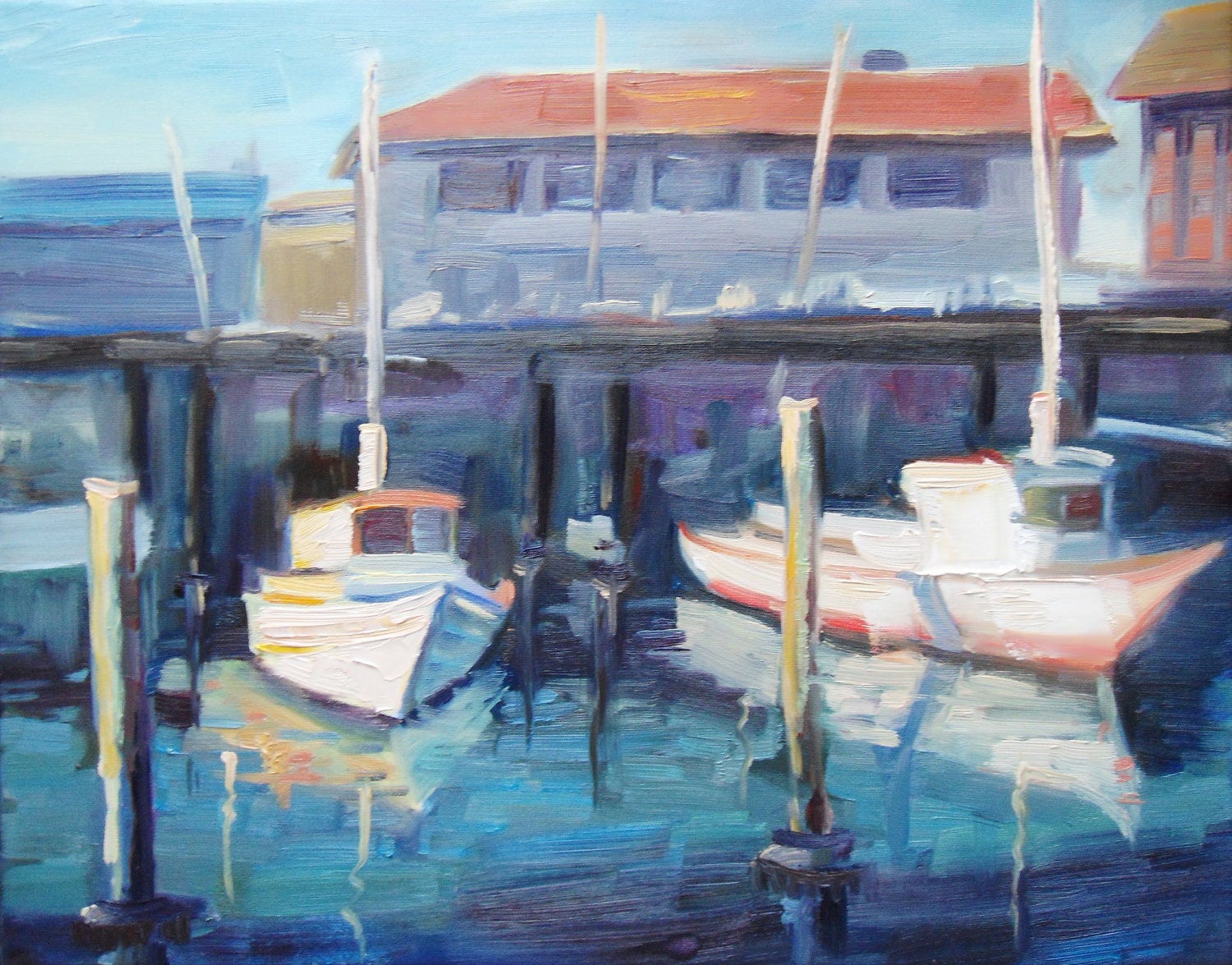 Fine art PRINT of San Francisco Bay Boats. Urban industrial art by Brandy Cattoor. 8x10 inch print. Summer, fun, outing print. Loose