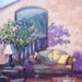 In the Lobby, oil on canvas motel art. PRINT 8x10 inch. interior with tree, couch, lamp, shadows
