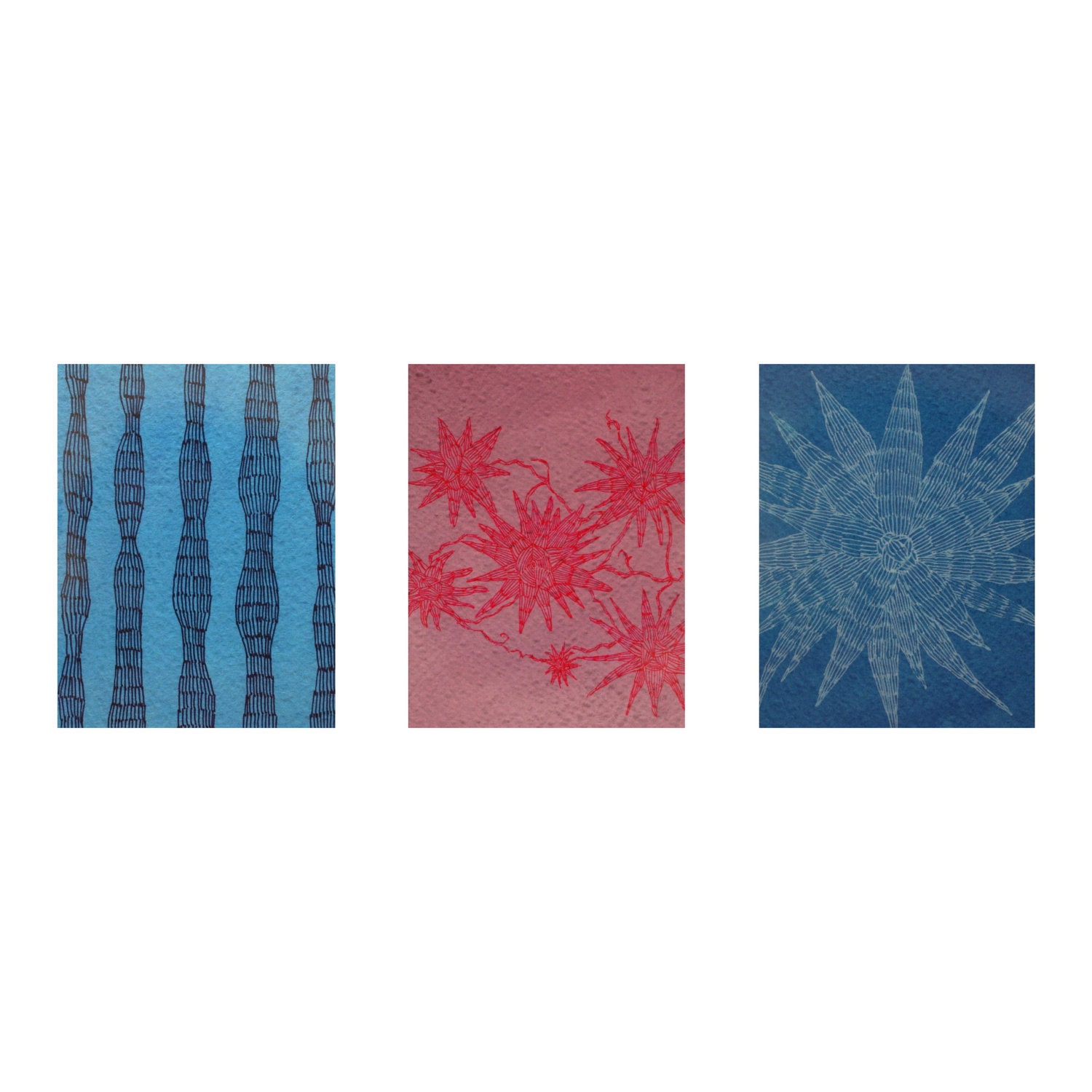 3 fine art postcards watercolor painting botanica flowers collection christmas card pink blue