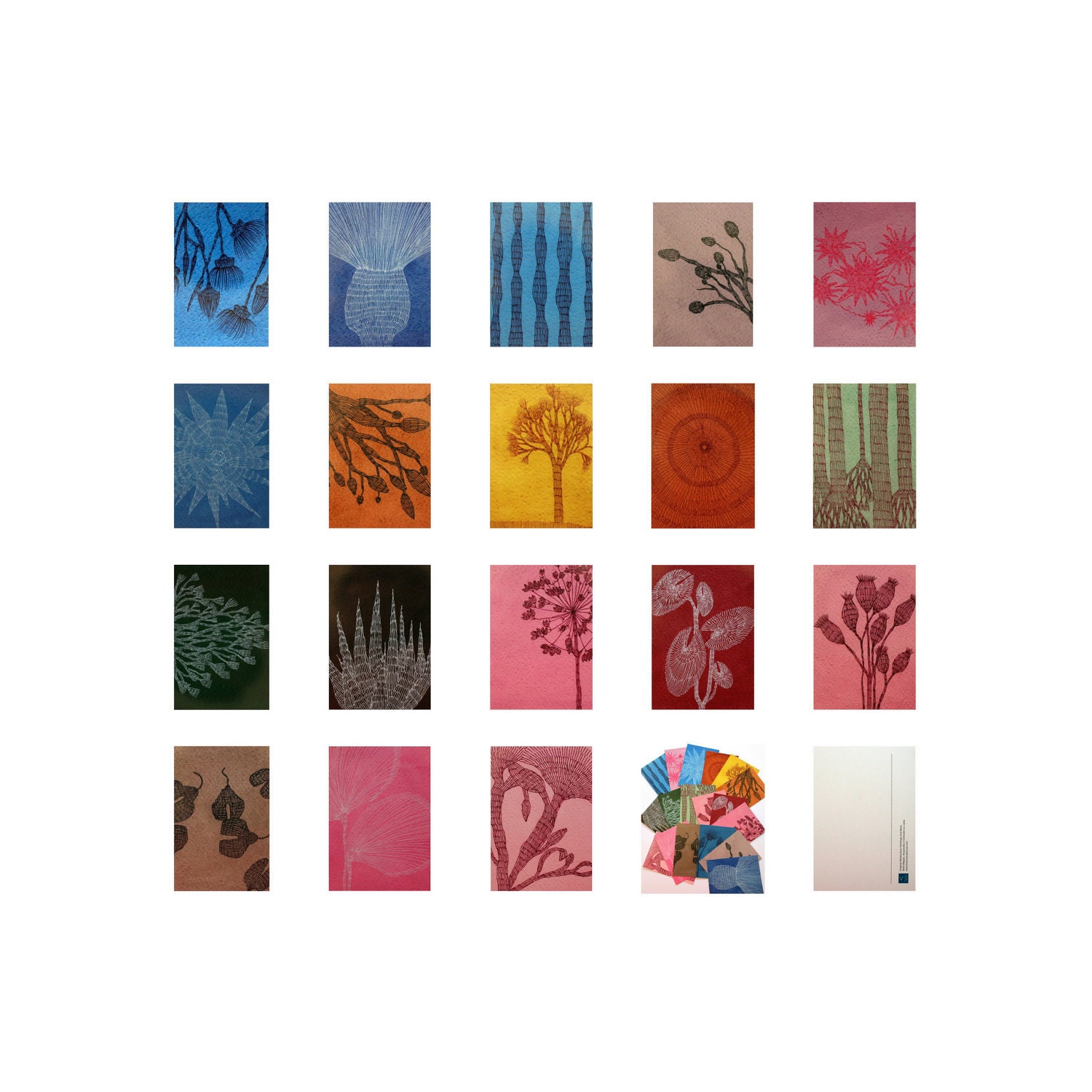 18 postcards, fine art, watercolor painting, collection card, red, pink, blue, yellow, green, brown, botanica, flower, painting, stationery