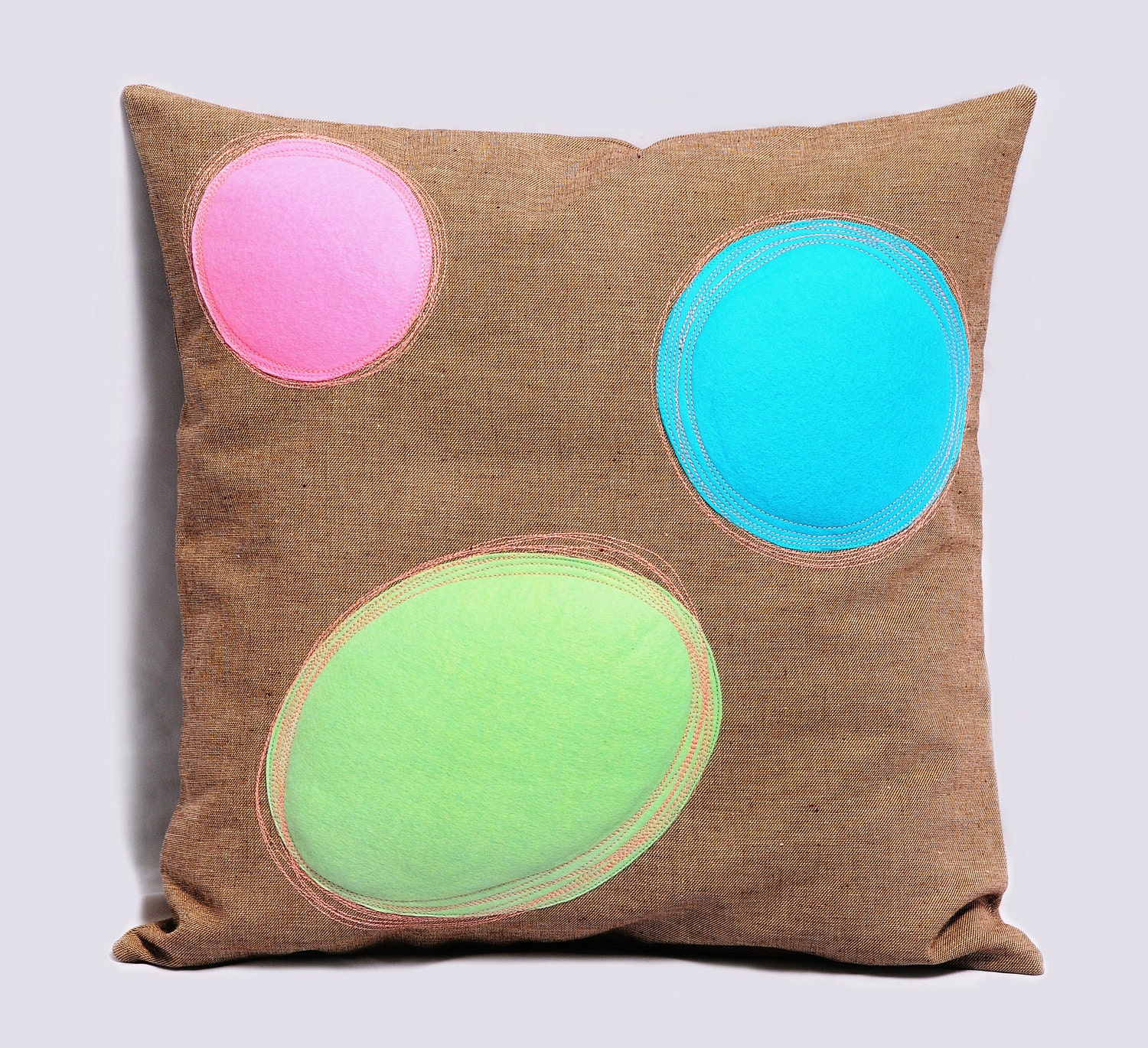 Decorative Pillow Cover in electric blue, pink and pastel green and burnt brown BUBBLES 18x18, Contemporary design pillow, Designer pillow