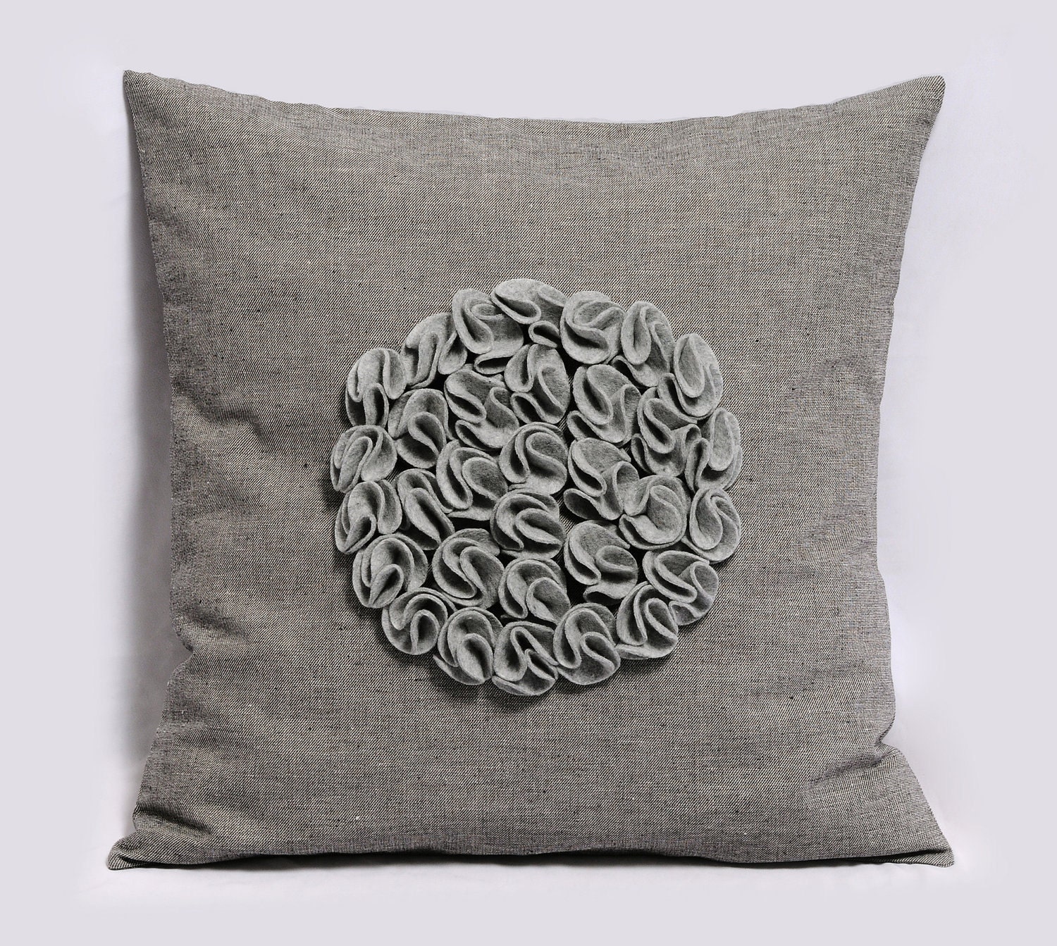 Decorative Pillow Cover - Floral Gray - Grey cotton, Felt - Flower 18x18, 3D Design Pillow, Modern Cushion, Made to Order by Pillowation