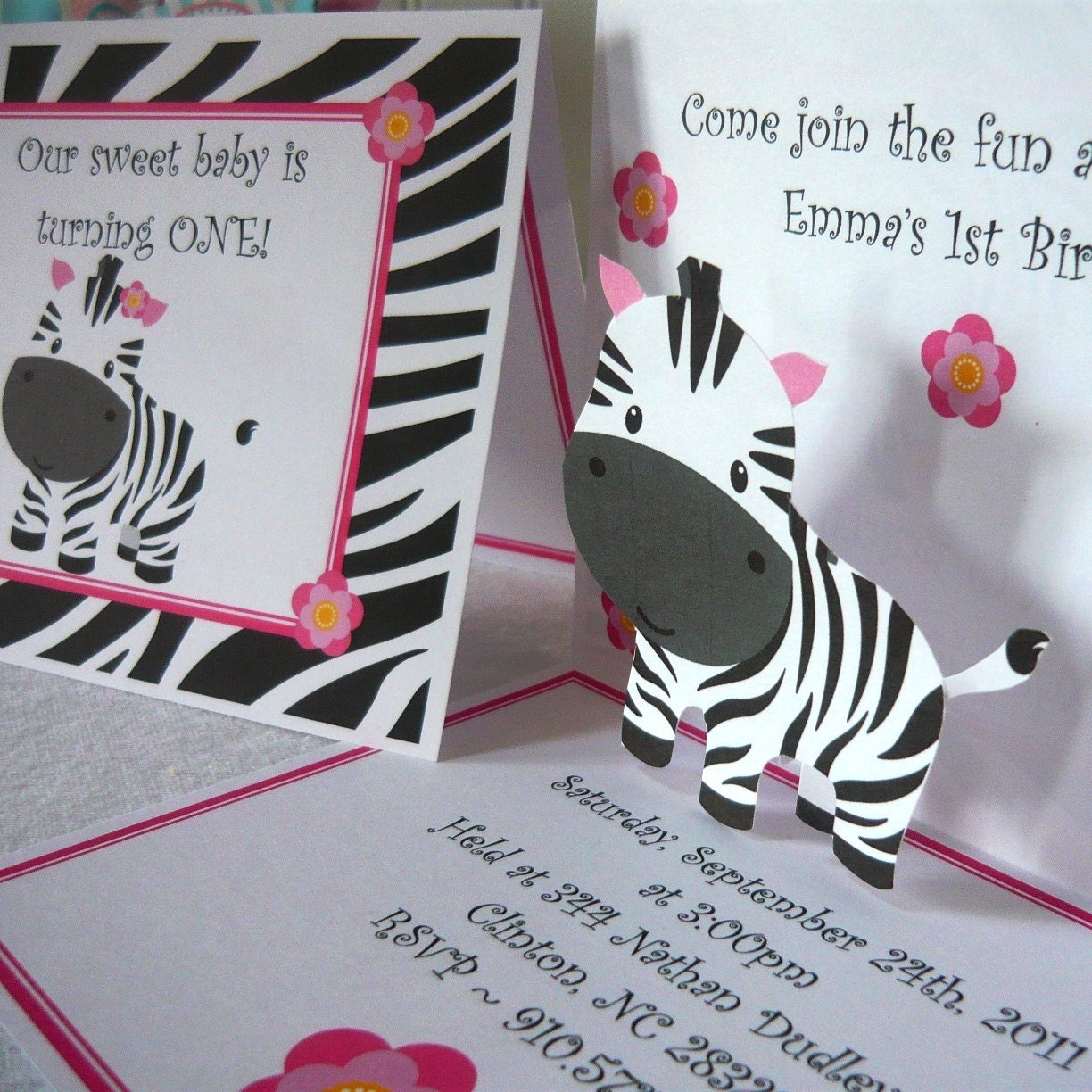 Zebra invitation - Pop Up style with your colors (set of 12) Il_570xn