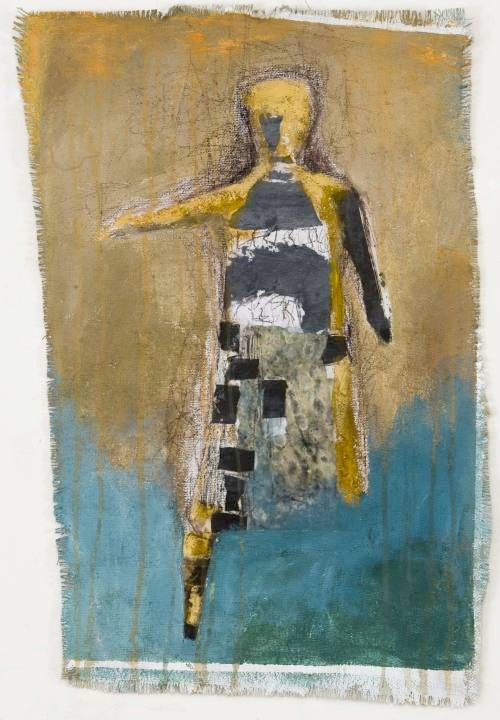 Ancient Figure---Mixed Media, Collage original painting on burlap