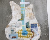 Mid Century Guitar---Vintage guitar, collage mixed media original painitng