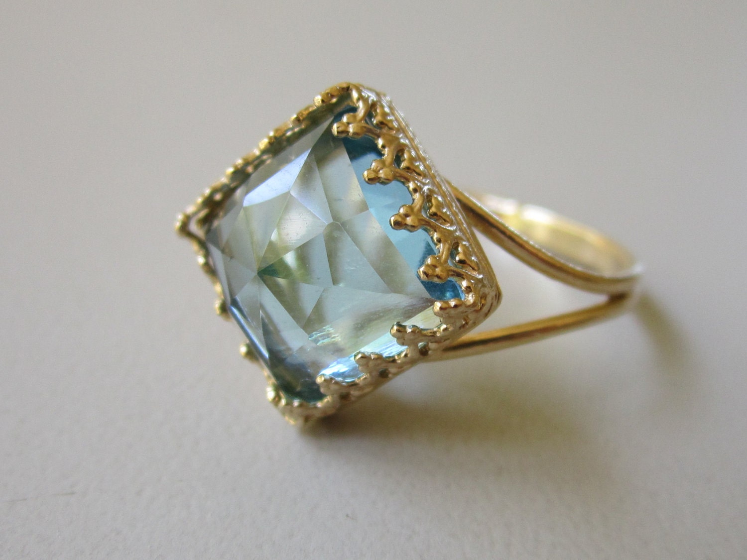 Blue topaz ring, Gold ring,  Square ring, Vintage ring, gemstone ring, cocktail ring, Light blue ring, Briadl ring, 14k gold ring