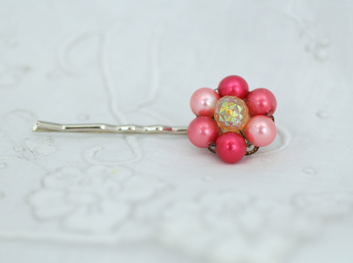 Bobby Pin with Beaded Pink Flower from a Vintage Earring
