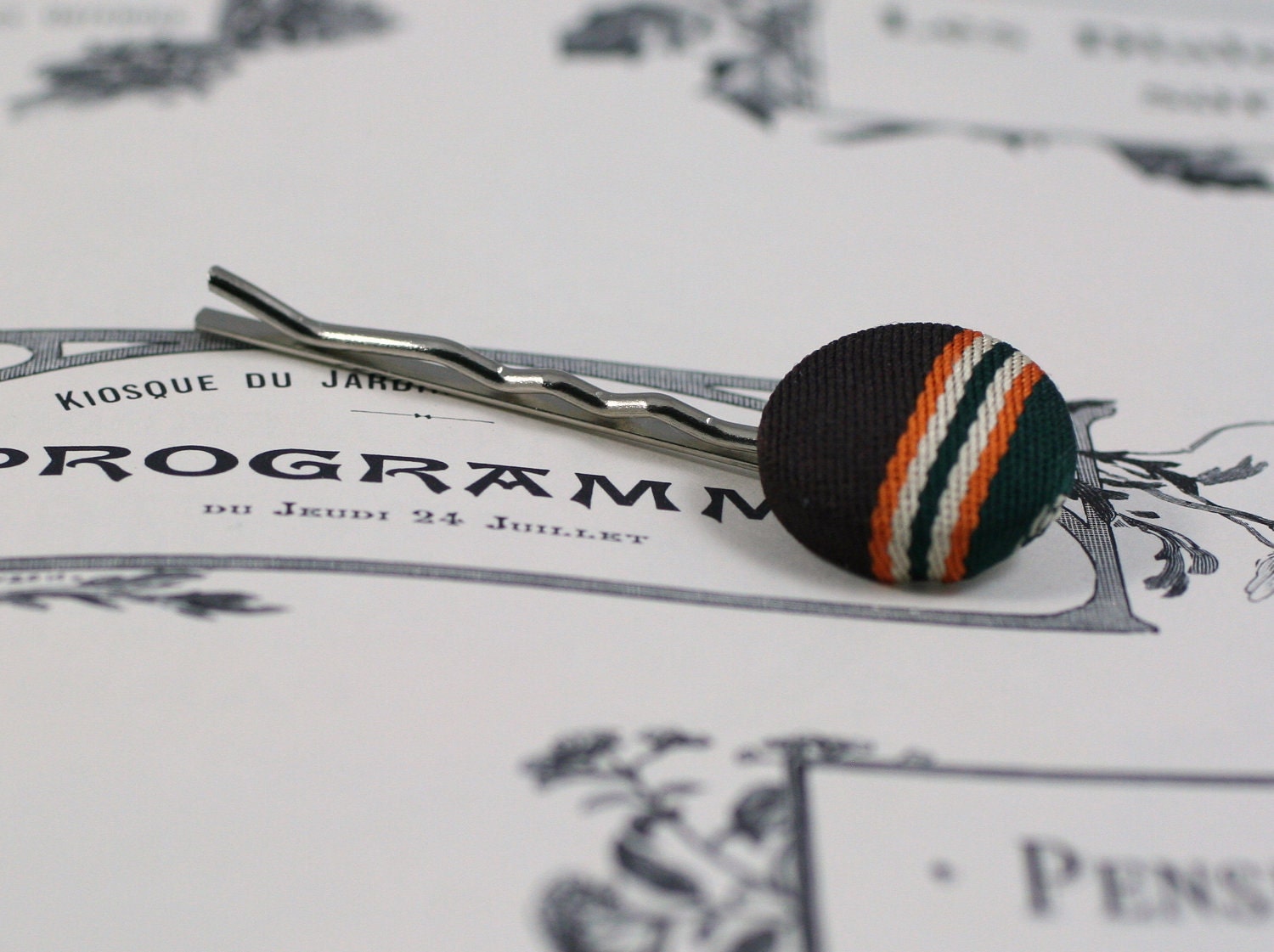 Handmade Bobby Pin with Green and Brown Tie Fabric Button