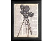 Movie Camera and Tipod Watercolor - Printed on Vintage Dictionary Paper - 8x10.5