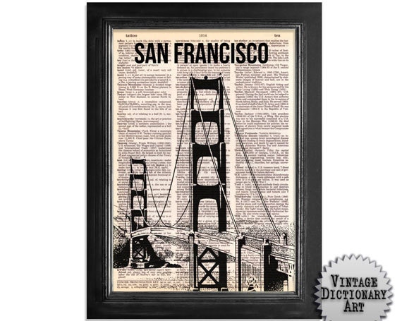 San Francisco Golden Gate Bridge - printed on Recycled Vintage Dictionary Paper - 8x10.5
