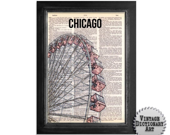 Chicago Ferris Wheel - printed on Recycled Vintage Dictionary Paper - 8x10.5