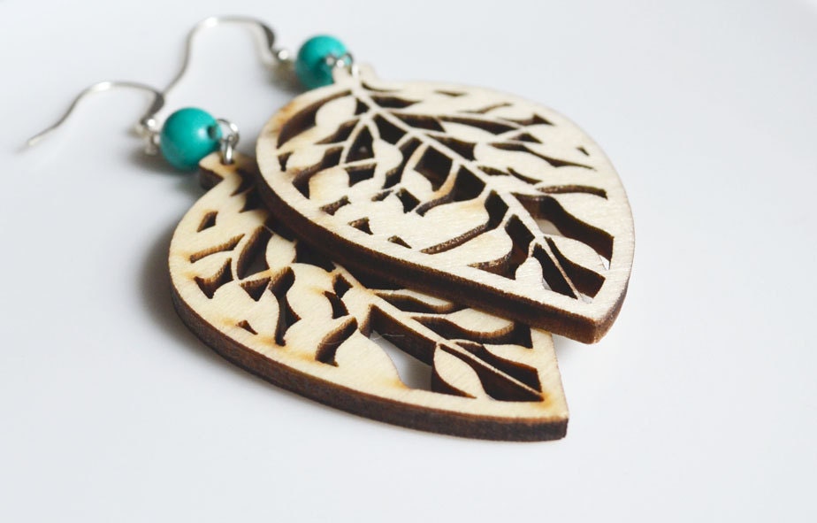 Cutout Wood Earrings. Bohemian Nature Inspired. Woodland Leaf Turquoise Bead. Wooden Jewelry.