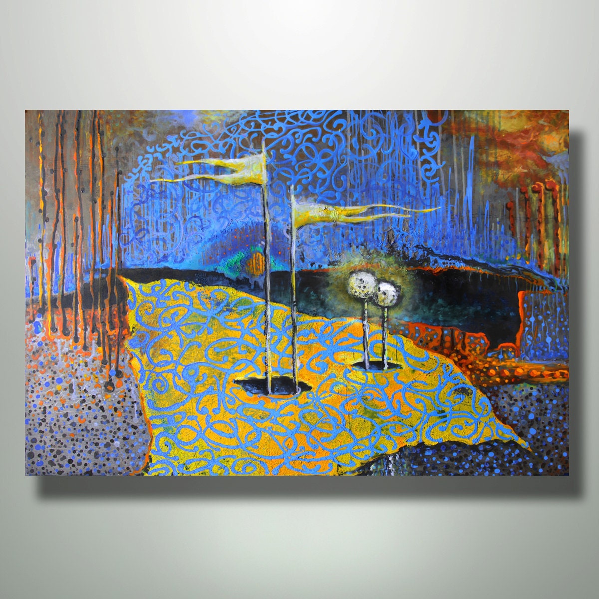 Art painting abstract acrylic original  canvas painting Sale Gift  Flags   Golf    Two Yellow Flags