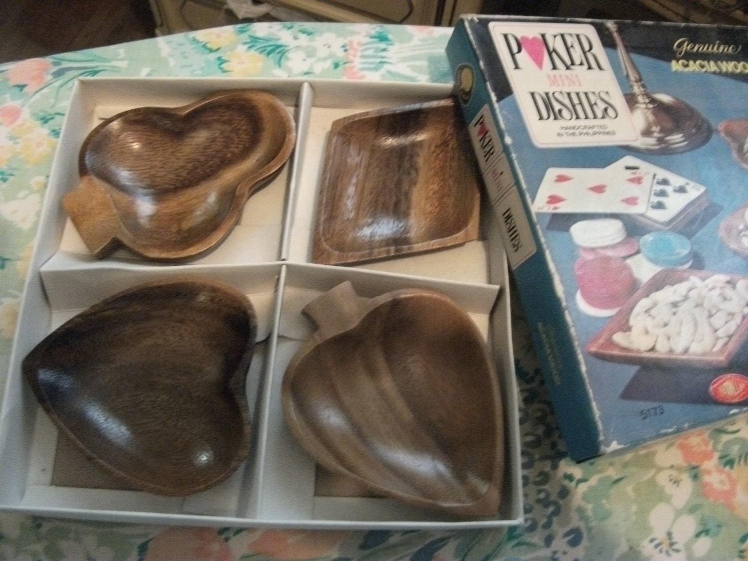 Vintage Hand Carved Acacia Wood Poker Mini Serving Trays circa 1950s in Original Box ONLY 10 USD