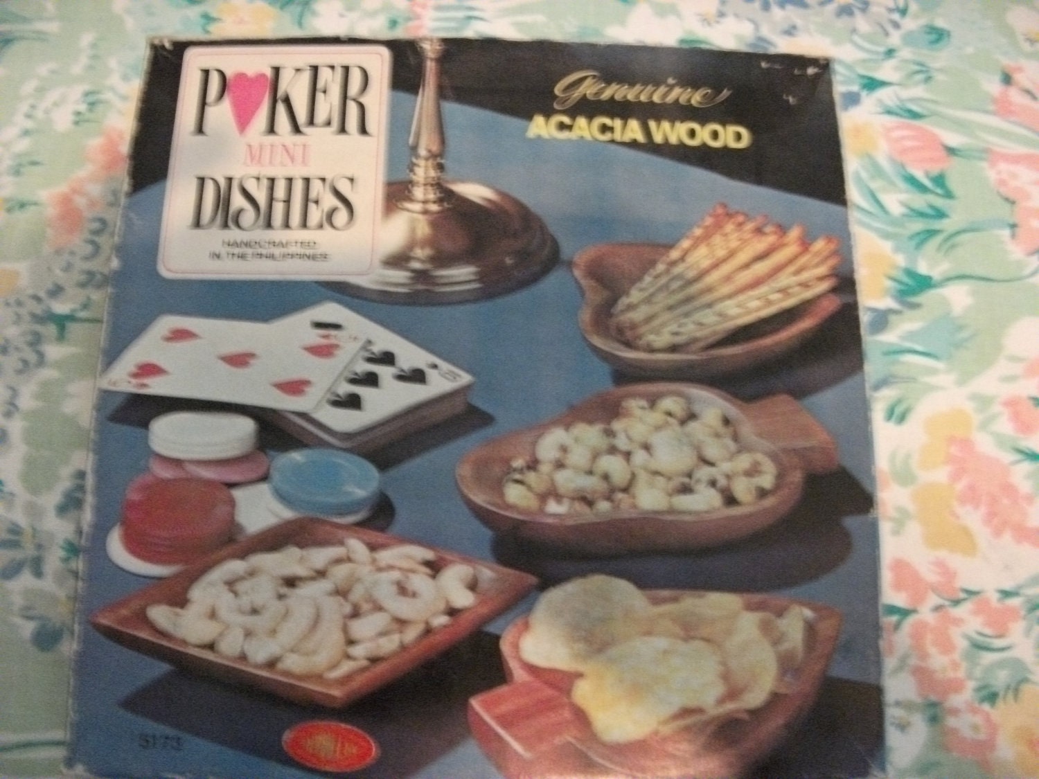 Vintage Hand Carved Acacia Wood Poker Mini Serving Trays circa 1950s in Original Box ONLY 10 USD