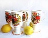 Vintage Napcoware Coffee Mugs Fruit & Veg Retro Print Set of 4 Pedestal Cups