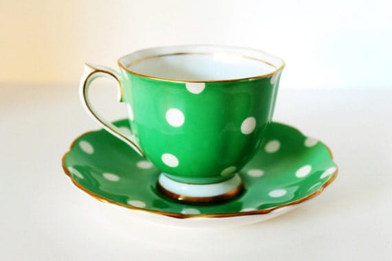 Vintage Royal Albert Teacup & Saucer Green Polka Dot Bone China with Gilt Rim
