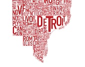 Detroit Typography Map Poster  "Red Wings" Red