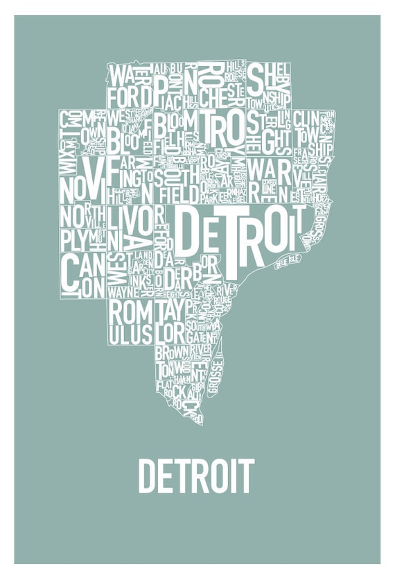 Detroit Typography Map Poster teal