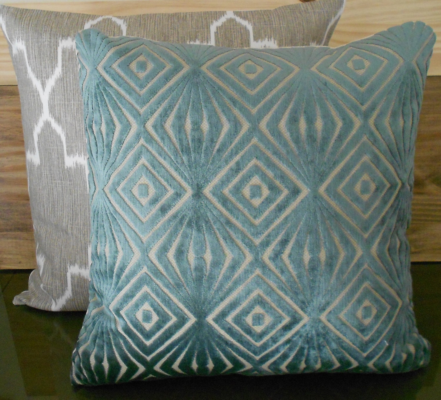 Decorative pillow cover, teal blue, cut velvet, retro diamonds, accent pillow, throw pillow