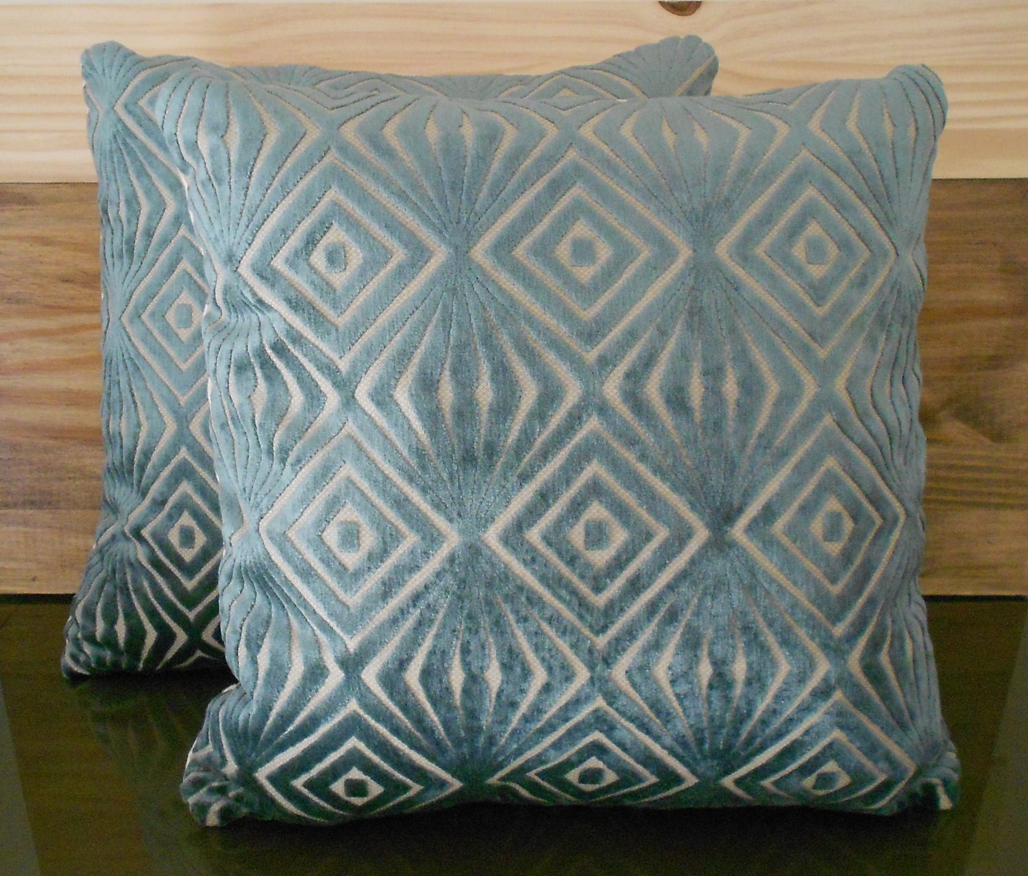 Decorative pillow cover, teal blue, cut velvet, retro diamonds, accent pillow, throw pillow