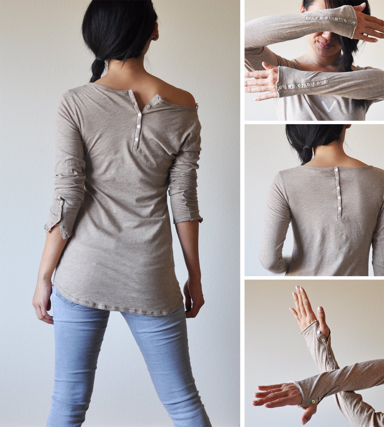 Vegan Clothing: Mocha button long sleeve ( Size M )
