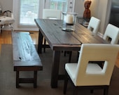Handmade heirloom eclectic farm house plank style dining table with rustic distressed features. Atlanta, Georgia