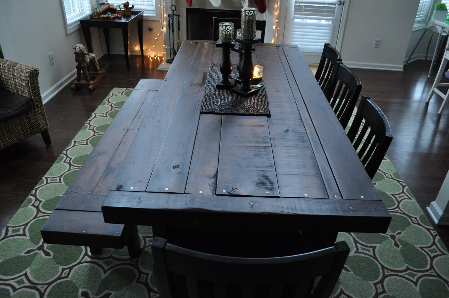 Handmade heirloom eclectic farm house plank style dining table with rustic distressed features. Atlanta, Georgia