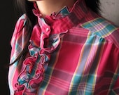 Vintage Pink & Teal Plaid Blouse