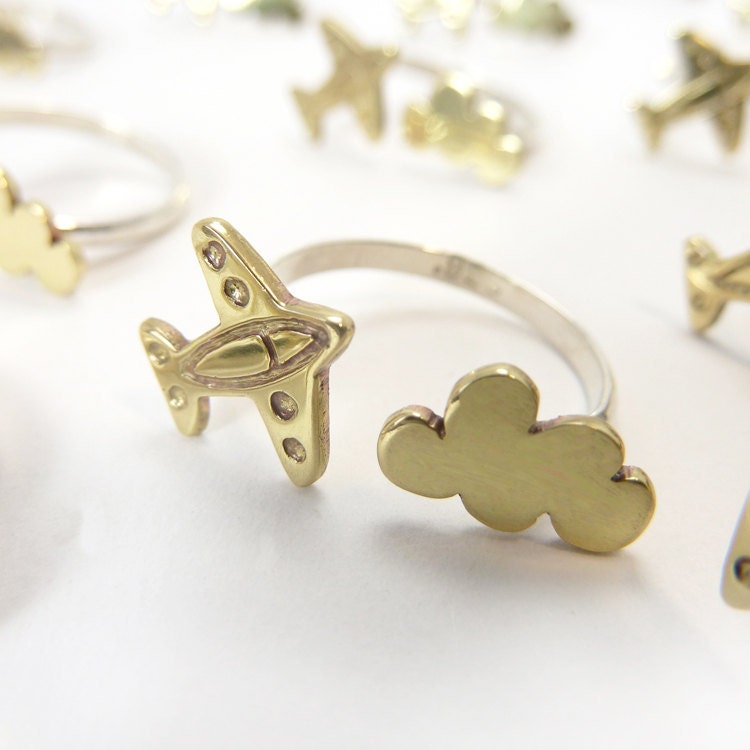 Airplane Flying Cloud Sterling silver and brass adjustable ring-  Around the world