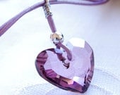 Swarovski Heart Necklace Beaded Valentines Jewelry Lavender Purple Crystal Pendant Sterling Leather, Artisan Handmade Jewelry- EMBRACE