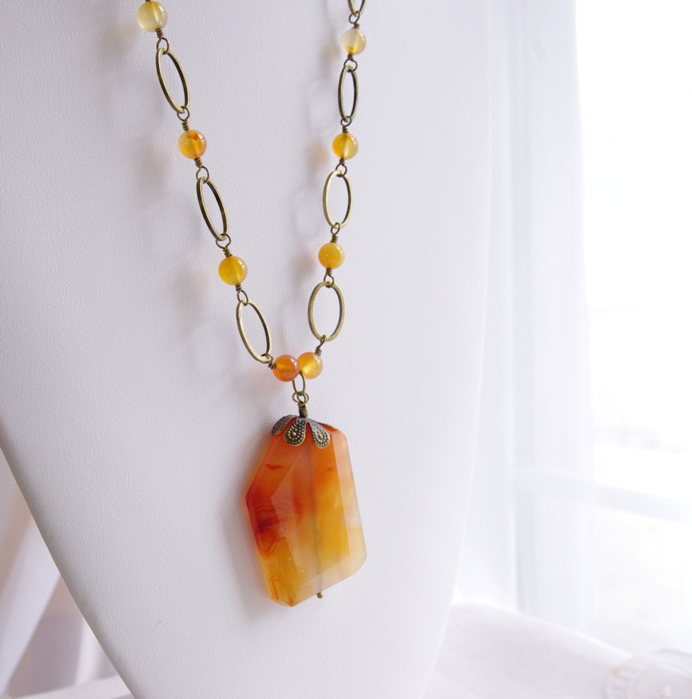 Carnelian Necklace Beaded Natural Stone Brass Bronze Long Necklace Golden Amber Ombre Gemstone Pendant, Artisan Handmade Jewelry
