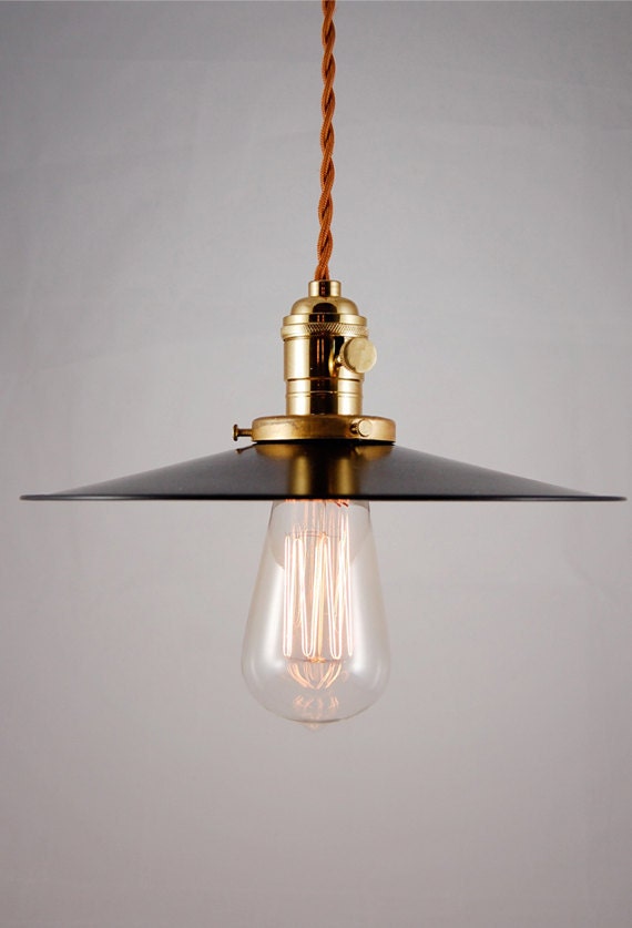 Rustic Black Enameled pendant lamp, light fixture with cloth covered cord "Hillsboro"