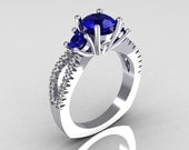 Modern French Bridal 950 Platinum Three Stone 1.0 Carat Blue Sapphire Accent Diamond Engagement Ring R140-PLATDBS