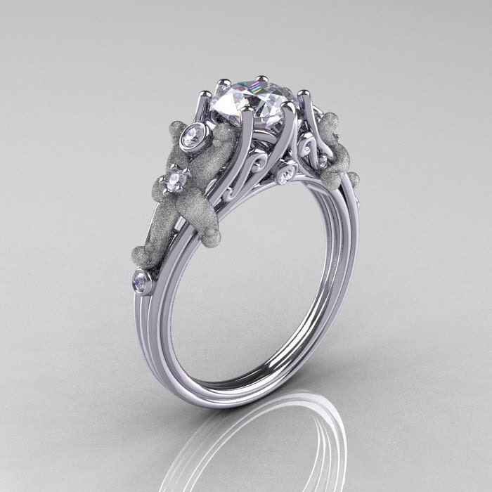 Fantasy Vintage 14K White Gold 1.0 CT Round White Sapphire Diamond Sea Star Engagement Ring R173-14KWGDWS