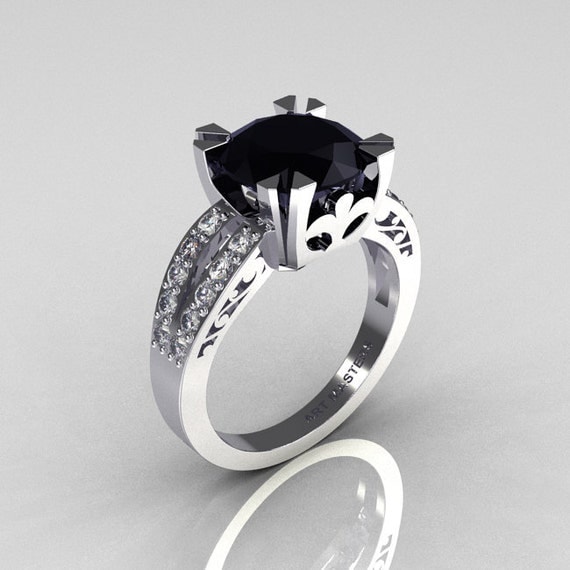 Modern Vintage 14K White Gold 3.0 Carat Black and White Diamond Solitaire Ring R102-14KWGDBD