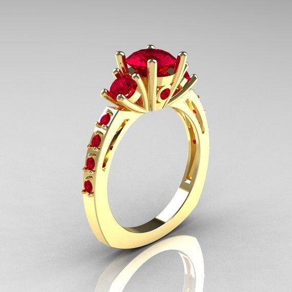 Classic French Bridal 18K Yellow Gold Three Stone 1.0 Carat Ruby Engagement Ring AR112-18KYGRRU