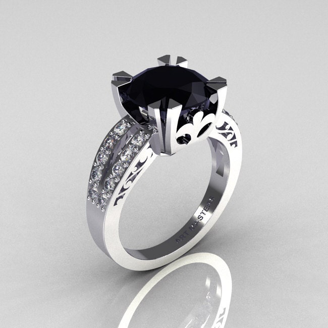 Modern Vintage 14K White Gold 3.0 Carat Black and White Diamond Solitaire Ring R102-14KWGDBD