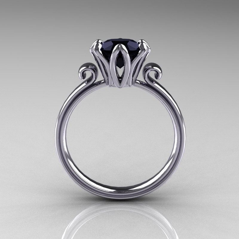 Modern Antique 14K White Gold 1.5 Carat Black Onyx Solitaire Engagement Ring AR127-14WGBO