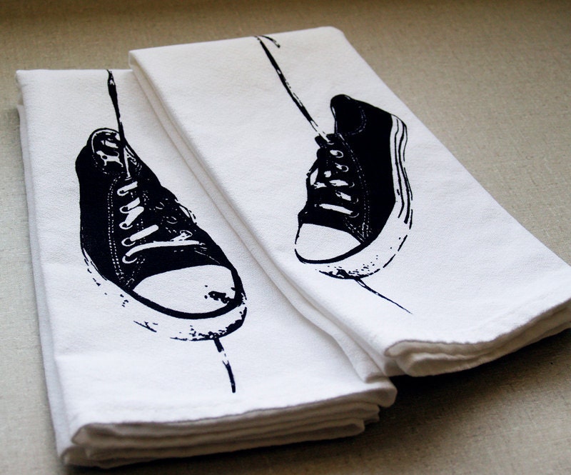Hanging Sneakers Set of 2 White Cotton Napkins (Choose Your Ink Color)