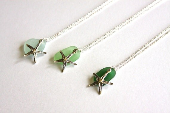 Sterling silver necklace with sea glass and sterling silver star fish charm
